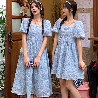 Puff-sleeve Square Neck Embossed Mini A-line Dress / Midi A-line Dress
