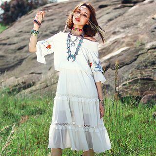 Ethnic Embroidered Off-shoulder Elbow-sleeve Gathered-waist Chiffon Maxi Dress