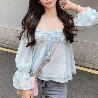 Cold-shoulder Drawstring Blouse Floral - Light Blue - One Size