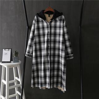 Plaid Hooded Long Jacket Gingham - Black & White - One Size