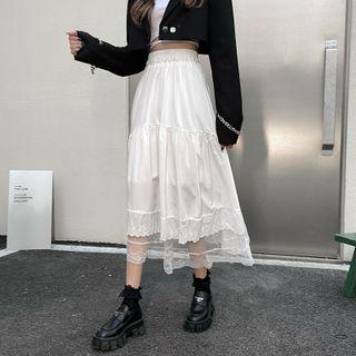 Lace Panel Irregular Midi A-line Skirt