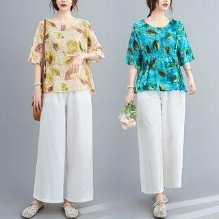Set : Print T Shirt + Plain Wide-leg Pants