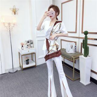 Set: Printed Short-sleeve Top + Slit Boot Cut Pants