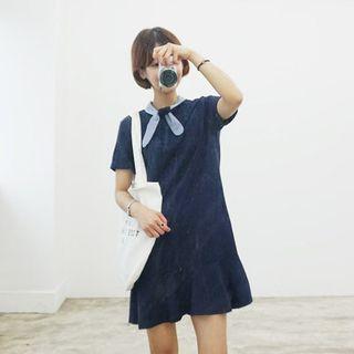 Tie-neck Short-sleeve Ruffle-hem Dress