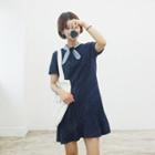 Tie-neck Short-sleeve Ruffle-hem Dress