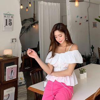 Off-shoulder Flap-over Shirred Blouse
