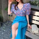 Short-sleeve Floral Print Blouse / Midi Fitted Wrap Skirt