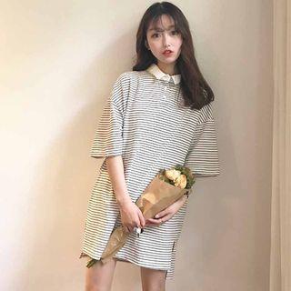 Stripe Elbow-sleeve Polo Dress