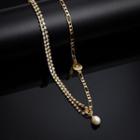 Faux Pearl Pendant Rhinestone Asymmetrical Necklace Gold - One Size