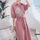 Elbow-sleeve Two-tone Maxi A-line Shirtdress