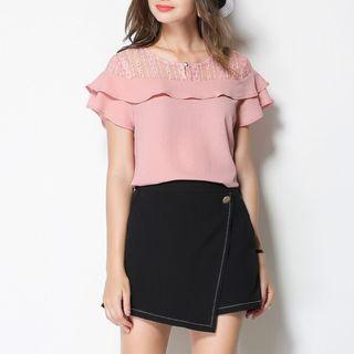 Lace Yoke Short-sleeve Ruffle Top
