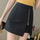 High-waist Plain Side-slit Zip Mini Skirt