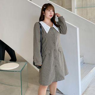 Long-sleeve Contrast Collar Houndstooth Shirtdress