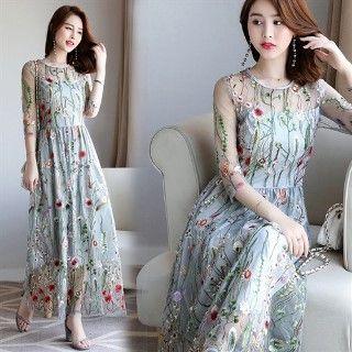 Elbow-sleeve Embroidery Tulle Maxi Dress