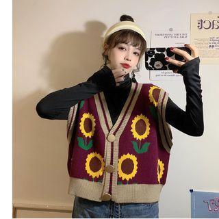 Sunflower Print Buttoned Knit Vest / Mock Neck Long-sleeve Top