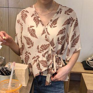 Short-sleeve Leaf Print Wrap Blouse