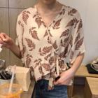 Short-sleeve Leaf Print Wrap Blouse