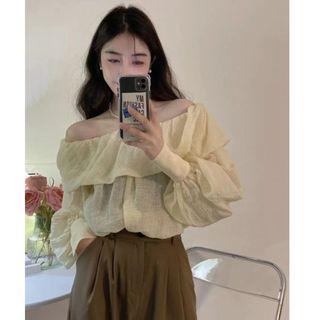 Off-shoulder Ruffled Blouse Almond - One Size