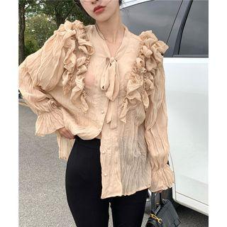 Long-sleeve Ruffle Blouse Khaki - One Size