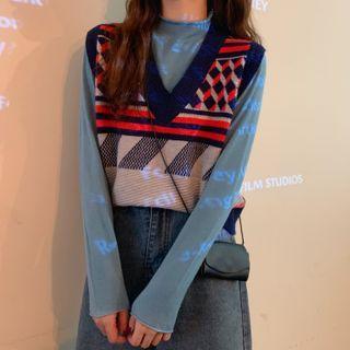 Plain Long Sleeve T-shirt / Knit Vest