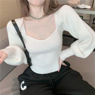 Puff-sleeve Square Neck Plain Sweater