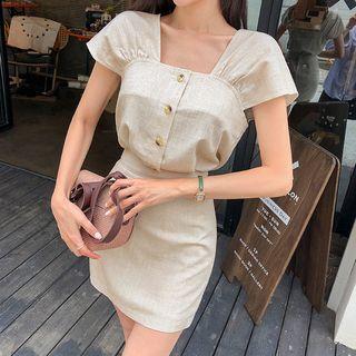 Set: Square-neck Linen Blend Blouse + A-line Miniskirt