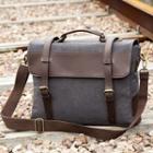 Faux Leather Panel Canvas Buckled Messenger Bag