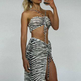 Set: Halter Neck Zebra Print Camisole Top + Midi Pencil Skirt