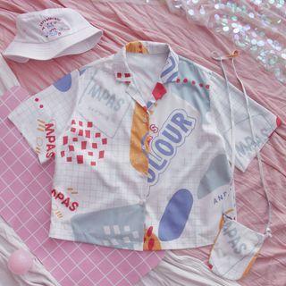 Short-sleeve Lettering Paneled Blouse White & Red & Yellow & Blue - One Size