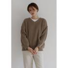 V-neck Drop-shoulder Ribbed Sweater Mocha - One Size