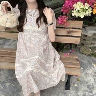 Puff-sleeve Floral Printed Midi Dress Floral - One Size