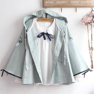 Bow Detail Blouse / Embroidered Hooded Button Jacket / Set