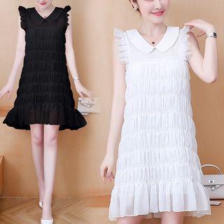 Ruffle Trim Ruched Sleeveless Shift Dress