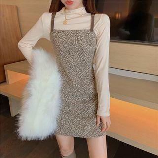 Spaghetti Strap Leopard Print Mini A-line Dress / Long-sleeve Top