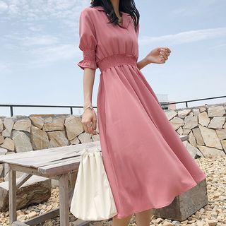 Puff Elbow-sleeve Notch Lapel A-line Midi Dress