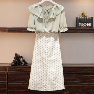 Set: Elbow-sleeve Chiffon Top + Polka Dot A-line Midi Skirt