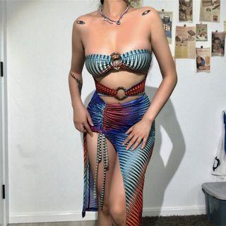 Strapless Color Block Cutout Midi Bodycon Dress