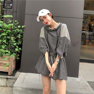 Stripe Panel 3/4-sleeve Hooded Dress