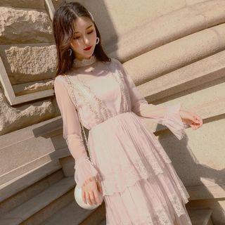 Set: Long-sleeve Sequin Tiered Mesh Dress + Slipdress