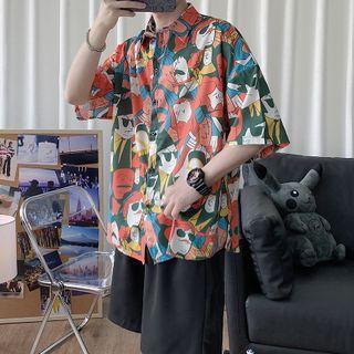 Cartoon Print Short-sleeve Button-down Shirt