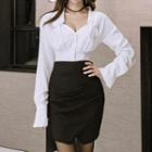 Set: V-neck Long-sleeve Blouse + Asymmetric Mini Skirt