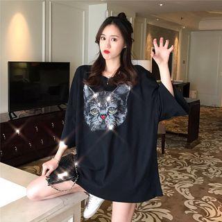 Printed Cat Short-sleeve Top Black - One Size