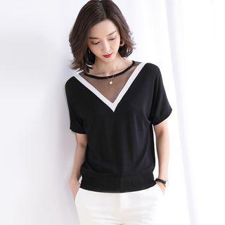Contrast Trim Short-sleeve Mesh Panel Knit Top