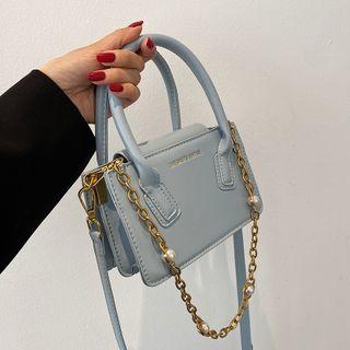 Top Handle Plain Faux Pearl Chain Crossbody Bag