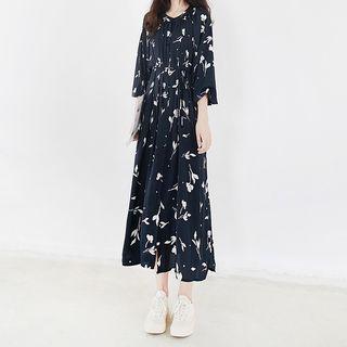 Flower Print 3/4-sleeve A-line Midi Dress