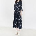 Flower Print 3/4-sleeve A-line Midi Dress