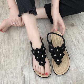 Embellished Flower Faux Leather Sandals