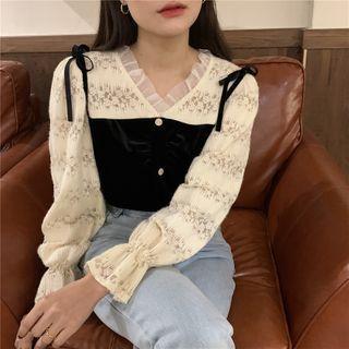 Mock Two-piece Velvet Blouse White & Black - One Size