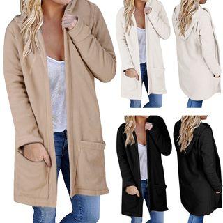 Open Front Plain Hooded Top