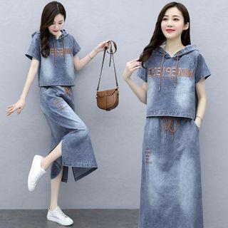 Set: Short-sleeve Denim Hoodie + Midi Shift Skirt